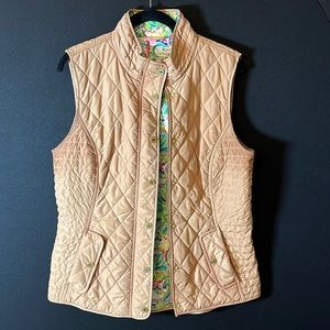 Lilly Pulitzer Floral Brown Zip Up Sleeveless Sweater Jacket Vest- Size Large